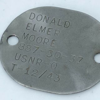 WWII World War 2 US Navy USNR Dog Tag 1943 Naval Reserves Donald Elmer Moore 2