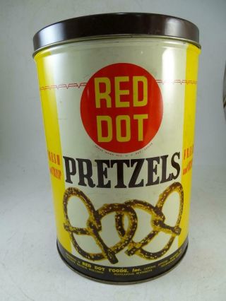 Vintage Advertising Tin Can Canister Red Dot Foods Pretzels Madison Wi Retro