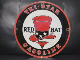 Old Vintage Tri Star Red Hat Gasoline Porcelain Metal Sign Gas Oil Pump Plate