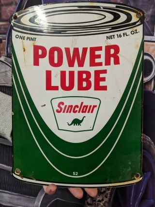 Old Vintage 1952 Sinclair Power Lube Motor Oil Can Porcelain Gas Pump Sign