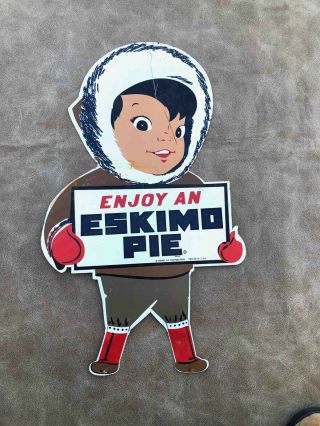 Old Enjoy Eskimo Pie Ice Cream Die Cut Eskimo Boy Advertising Sign