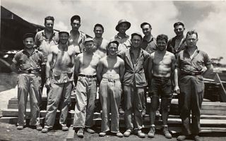 Wwii Unit Group Photo At Us Air Base Tinian Island Navy Sailor 