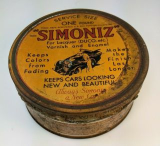 1 Pound Early Car Graphics Vintage Simoniz Car Wax Old Tin Can Advertising