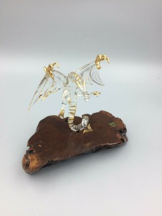 Hand Blown Clear Glass Dragon With Gold Accents On Stand