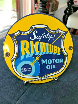 Vintage Safety Richlube Motor Oil 6 " Porcelain Enamel Sign Gas Oil Pump Station