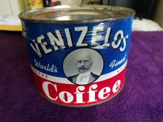 Vintage 1960s - 1970s Venizelos Coffee Tin 1 Lb Can Full Edgewater,  N.  J.