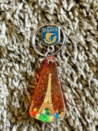 Vintage Acrylic Lucite Paris France Eiffel Tower Keyring Key Chain - Complete