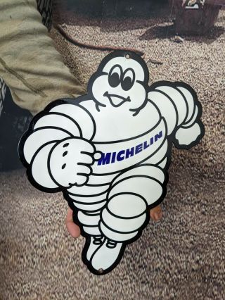 Old Vintage Michelin Man Tires Heavy Porcelain Advertising Metal Sign Die Cut