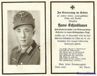 Death Notice: Gebirgsjäger Gefreiter In Geb.  Jag.  Regt; Kia In Russia 1942