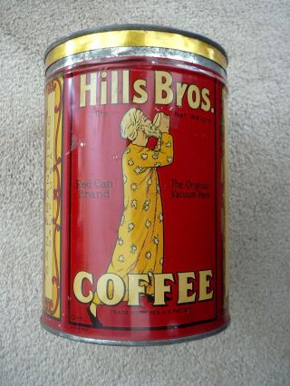 Hills Bros Coffee Red Can Brand 2lb Gold Top Rim Advertising Tin With Lid - Vg