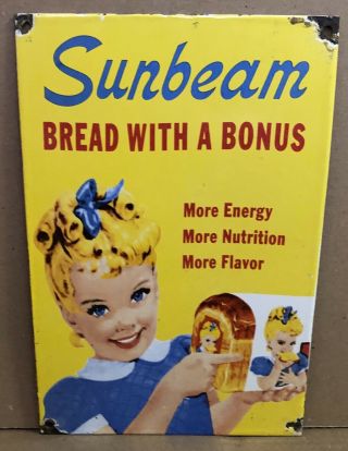 Vintage Sunbeam Bread Porcelain Sign Usa “bread With A Bonus” Grocery Ad