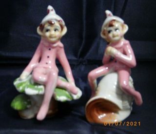 2 Vintage Ceramic Pixie Elf Fairy Figurines Pink Suits,  Mushroom,  Shell Japan
