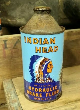 Rare Vintage Indian Head Brake Fluid Metal Cone Top Oil Can / All - State Empty