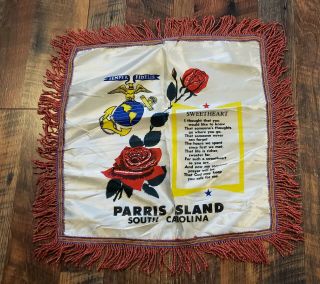 Vintage Silk Pillow Cover Parris Island S.  Carolina Semper Fidelis Sweatheart