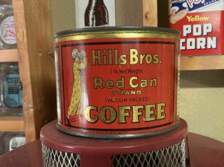 Early Hills Bros Brothers Red Can Coffee Tin 1 Pound litho label country store 2