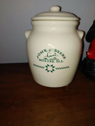Scarce John Deere Stoneware Cookie Jar,  Urn,  Canister,  Cream Color,  Dk Green Logo