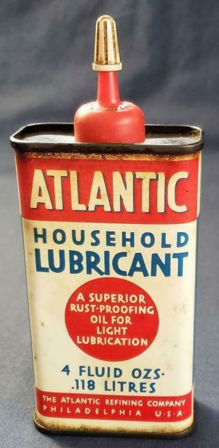 Older Vtg Atlantic Oil Household Lubricant Handy Oiler Tin Paint