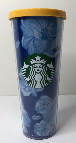 Starbucks Tumbler Cold Cup Blue Floral Cactus Flower Yellow Lid 24 Oz.  No Straw