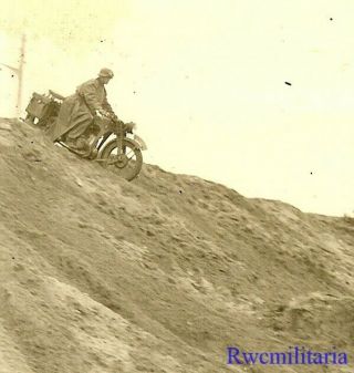 Careful Wehrmacht Kradmelder Riding Motorcycle Down Steep Hillside