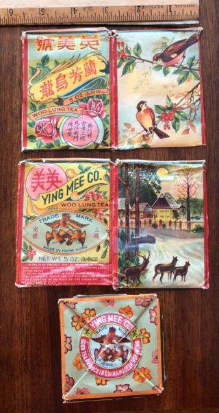 Vintage Cardboard Box Parts Ying Mee Co Woo Lung Tea Hong Kong Birds Deer Houses