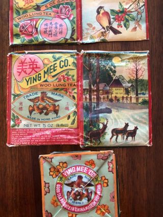 Vintage cardboard box parts Ying Mee Co Woo Lung Tea Hong Kong birds deer houses 3