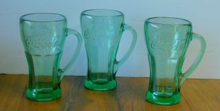 Set Of 3 Vintage Green Coca - Cola Glass With Handle Mug Libbey 14oz Heavy Coke
