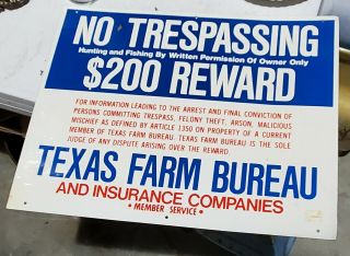 Vintagetexas Farm Bureau No Tresspassing Hunting Fishing $200 Reward Metal Sign