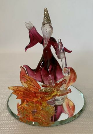 Wizard Magician Glass Figurine Statue With Dragon On Mirror Stand 3 1/2 " Tall