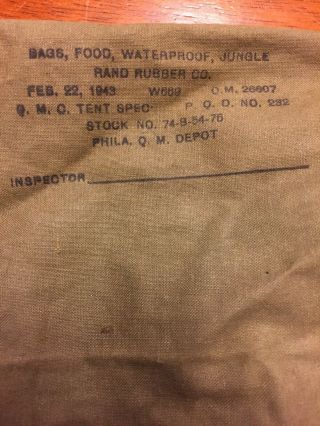 Us Military Surplus Jungle Waterproof Food Bag.  Feb 22 1943.
