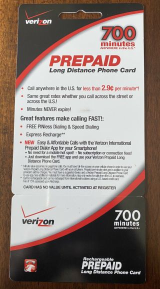 Verizon 700 Minutes Prepaid Long Distance Phone Card - Calling Card