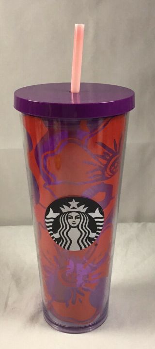 Starbucks Red / Purple Floral Acrylic Venti Cold Cup Tumbler 2014 / Htf