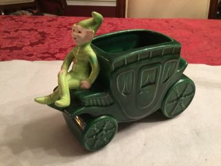 Vtg Treasure Craft Pixie Elf Ceramic Stagecoach Green Planter Sticker
