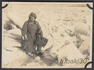 Qw13 Imperial Japan Army Photo Soldier With Sword In Frozen China River