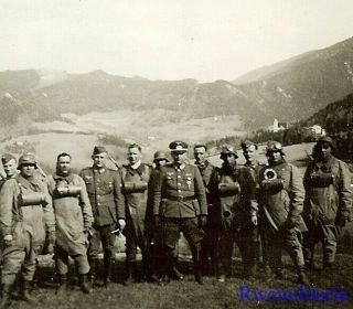 Neat Wehrmacht Officer Posed W/ Troops & Kradmelder Motorcyclists In Field