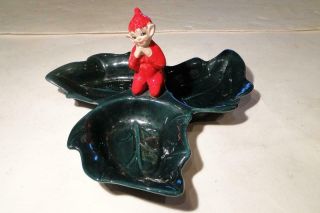 Vintage Gilner Of California Red Pixie Elf On Green Leaves Candy Dish