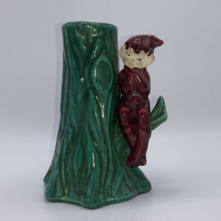 Vintage 1950 Gilner Red Pixie Elf Sitting On Tree Branch Ceramic Bud Vase