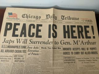 Vintage Newspaper Peace Is Here Wwii Surrender Chicago Tribune August 15 1945