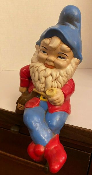Vintage Ceramic Gnome W Pipe Red White Blue Shelf Mantle Shelf Fishing Creel