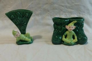 2 Vintage Treasure Craft Pixie Elf Ceramic Green Boots/trellis Planter Vase Vgc