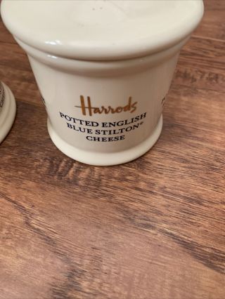 (2) Vintage Empty Harrods English Blue Stilton Cheese Ceramic Crock w/Lids 3