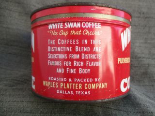 VINTAGE WHITE SWAN COFFEE TIN 1 LB KEY - WIND CAN WAPLES PLATTER CO.  DALLAS,  TEXAS 3