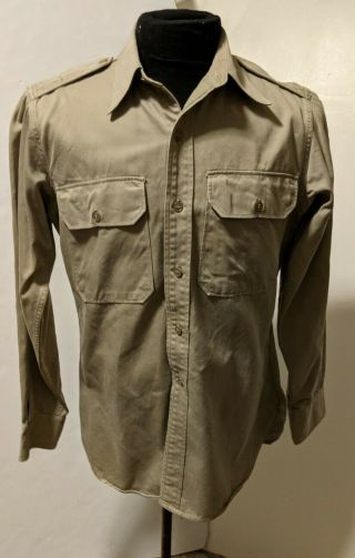 Post Wwii Us Army Long Sleeve Cotton Khaki Shirt Dated 1947 Size 15 X 34