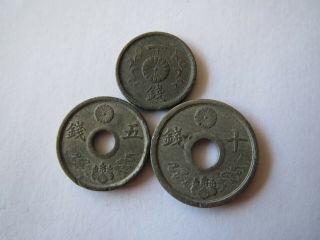 Complete Zinc Coin Set 1944 Japan [1,  5,  10 Sen] [world War Ii] (02)