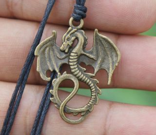 Medieval Winged Dragon Viking Brass Pendant With Adjustable Cotton Necklace