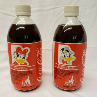 1986 Disney Coca Cola Bottles Donald And Daisy Duck Full Unsealed 10 Oz.