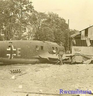 Black Cross Down Bullet Riddled Shot Down Luftwaffe He - 111 Bomber On Street