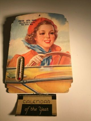 Vintage 1941 Pinup Girl Cardboard Advertising Thermometer Calendar Jules Erbit