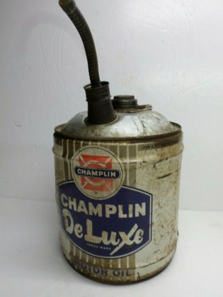 Vintage " Champlin Deluxe " Five (5) Gal.  Motor Oil Can W/ Pour Spout