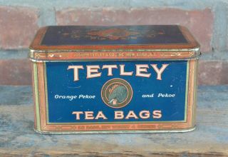 Vintage Tetley Orange Pekoe Tea Bags Hinged Lid Tin