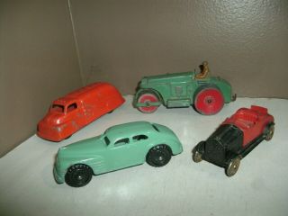 2 Tootsietoy Vehicles & 1 Dinky Toy Steam Roller & 1 Barclay Or 4 - Dr.  Sedan.